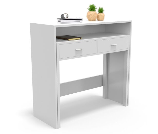 Consola extraible, mesa escritorio extensible, mesa estudio, con cajones y balda, 90 x 37 x 86,5 cm blanco dormidán