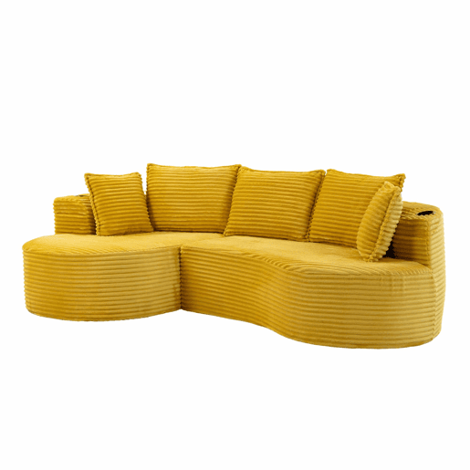 Sofá de 3 lugares - Cordão, porta-copos, prateleira de arrumação, espuma de alta densidade - Amarelo mostarda