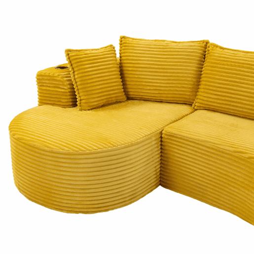 Sofá de 3 lugares - Cordão, porta-copos, prateleira de arrumação, espuma de alta densidade - Amarelo mostarda