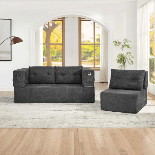 Sofá modular Nube - sofá-cama dobrável sem montagem, cama para hóspedes e sofá de chão convertível com bolsos laterais nos braços para telemóvel e comando - cinzento escuro