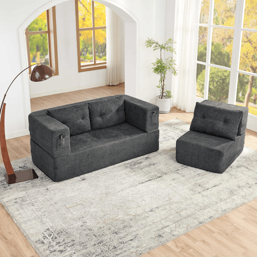 Sofá modular Nube - sofá-cama dobrável sem montagem, cama para hóspedes e sofá de chão convertível com bolsos laterais nos braços para telemóvel e comando - cinzento escuro