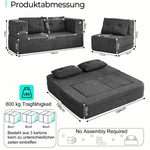 Sofá modular Nube - sofá-cama dobrável sem montagem, cama para hóspedes e sofá de chão convertível com bolsos laterais nos braços para telemóvel e comando - cinzento escuro