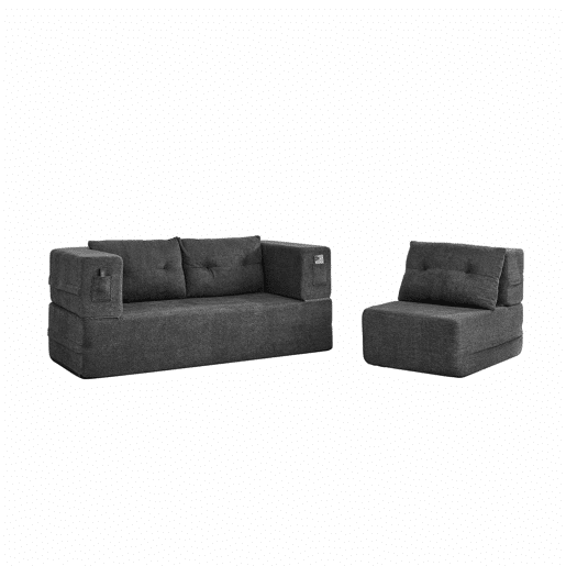 Sofá modular Nube - sofá-cama dobrável sem montagem, cama para hóspedes e sofá de chão convertível com bolsos laterais nos braços para telemóvel e comando - cinzento escuro
