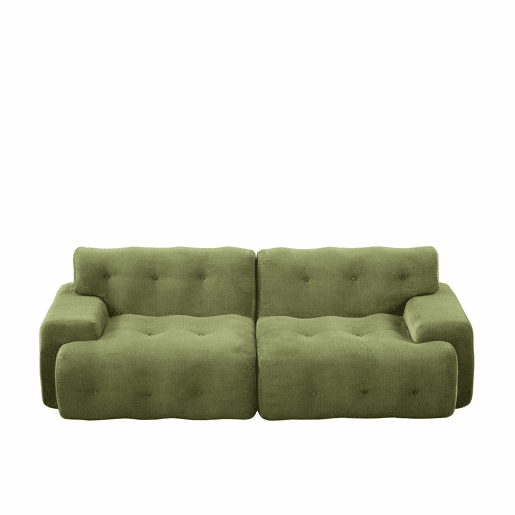 Sofá de 2 lugares grande - braços largos, design moderno com botões, formato curvo, sem montagem - verde