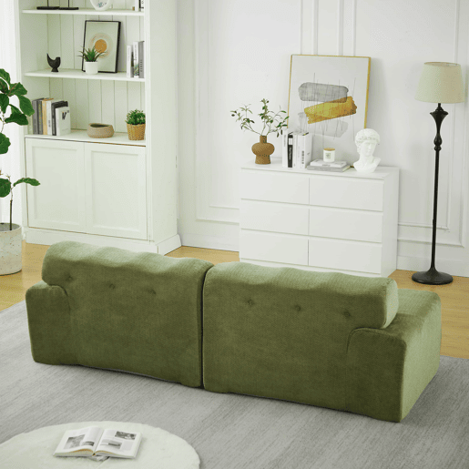 Sofá de 2 lugares grande - braços largos, design moderno com botões, formato curvo, sem montagem - verde