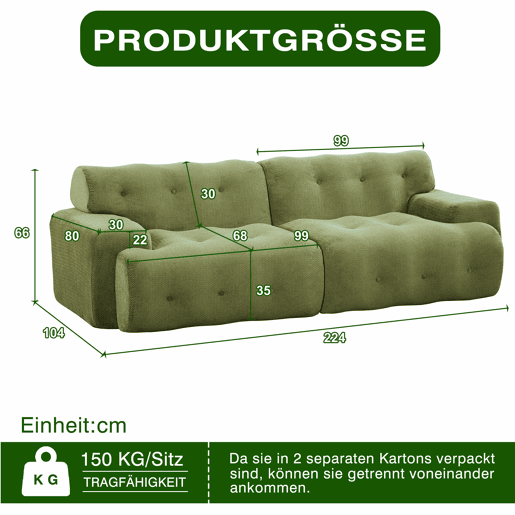 Sofá de 2 lugares grande - braços largos, design moderno com botões, formato curvo, sem montagem - verde
