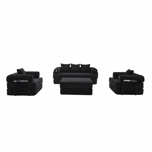 Sofá modular de 4 lugares - inclui pufe, estrutura metálica resistente, bolso lateral, 4 almofadas confortáveis - preto