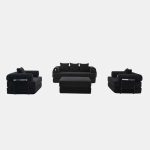 Sofá modular de 4 lugares - inclui pufe, estrutura metálica resistente, bolso lateral, 4 almofadas confortáveis - preto