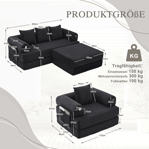 Sofá modular de 4 lugares - inclui pufe, estrutura metálica resistente, bolso lateral, 4 almofadas confortáveis - preto