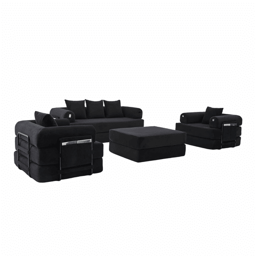 Sofá modular de 4 lugares - inclui pufe, estrutura metálica resistente, bolso lateral, 4 almofadas confortáveis - preto