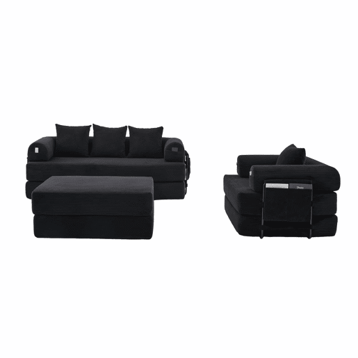 Sofá modular de 4 lugares - inclui pufe, estrutura metálica resistente, bolso lateral, 4 almofadas confortáveis - preto