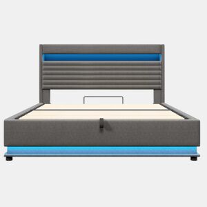 Cama estofada 180x200 cm - com carregamento USB Tipo C, iluminação LED, armazenamento hidráulico, compartimento Flip-Top, controlo por botãoaplicação, sem colchão - cinzento