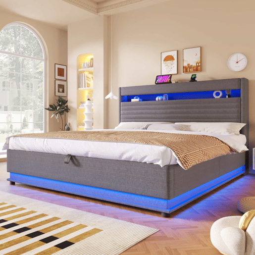 Cama estofada 180x200 cm - com carregamento USB Tipo C, iluminação LED, armazenamento hidráulico, compartimento Flip-Top, controlo por botãoaplicação, sem colchão - cinzento