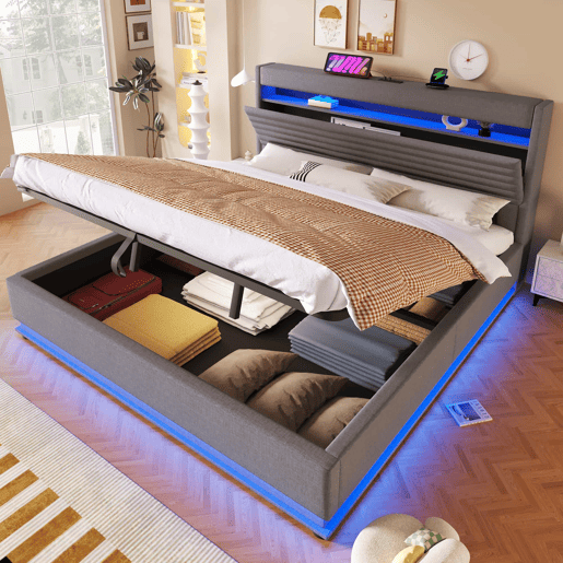 Cama estofada 180x200 cm - com carregamento USB Tipo C, iluminação LED, armazenamento hidráulico, compartimento Flip-Top, controlo por botãoaplicação, sem colchão - cinzento
