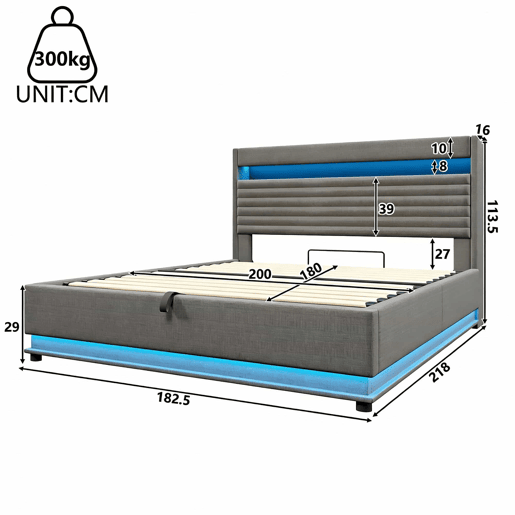 Cama estofada 180x200 cm - com carregamento USB Tipo C, iluminação LED, armazenamento hidráulico, compartimento Flip-Top, controlo por botãoaplicação, sem colchão - cinzento