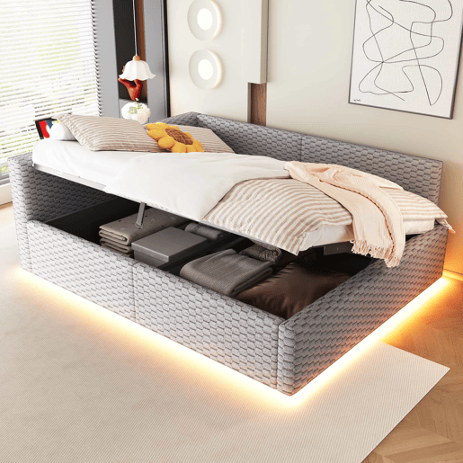 Cama de casal estofada 140x200 cm - com LED, USB e encosto em L, estrutura hidráulica, veludo - Cinza