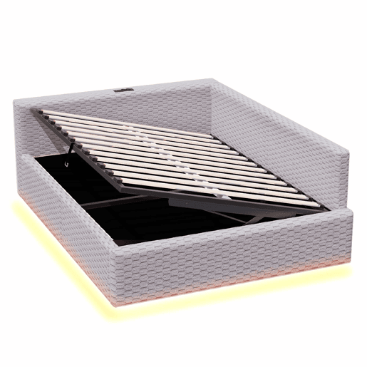 Cama de casal estofada 140x200 cm - com LED, USB e encosto em L, estrutura hidráulica, veludo - Cinza