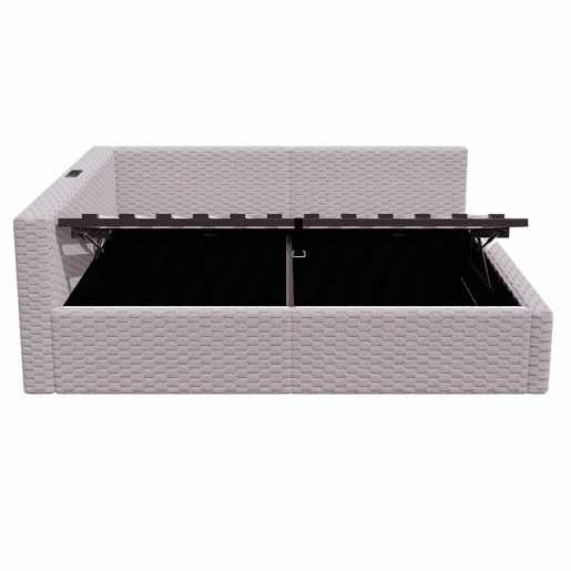 Cama de casal estofada 140x200 cm - com LED, USB e encosto em L, estrutura hidráulica, veludo - Cinza