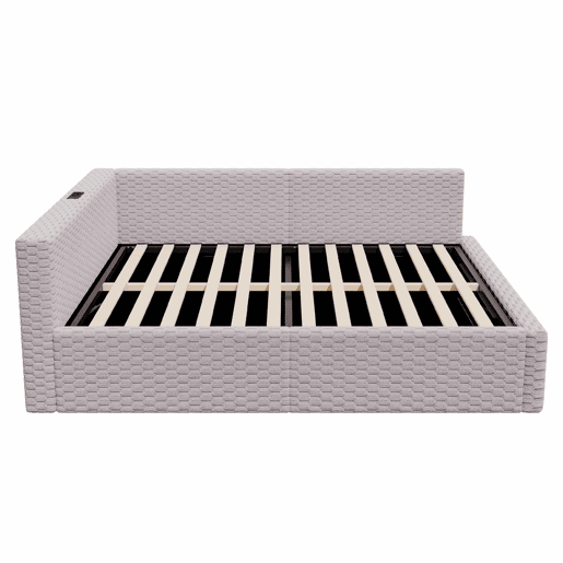 Cama de casal estofada 140x200 cm - com LED, USB e encosto em L, estrutura hidráulica, veludo - Cinza
