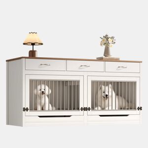 Gaiola para cães em madeira e metal 164×60×81 cm - para 2 cães, casinha interior, tampa rebatível, divisória removível, 3 gavetas, XXL - Natural e Branco