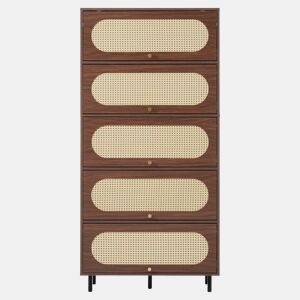 Armário alto 80 x 40 x 163 cm - 5 portas basculantes, rattan, madeira com pés de metal, grande espaço de arrumação, sala, corredor, cozinha - nogueira