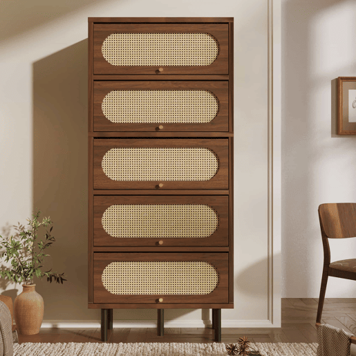 Armário alto 80 x 40 x 163 cm - 5 portas basculantes, rattan, madeira com pés de metal, grande espaço de arrumação, sala, corredor, cozinha - nogueira