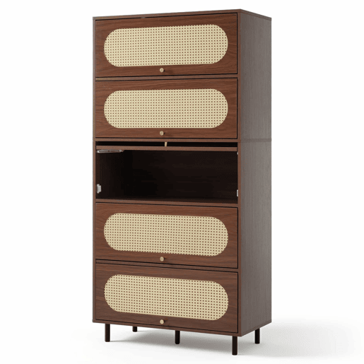 Armário alto 80 x 40 x 163 cm - 5 portas basculantes, rattan, madeira com pés de metal, grande espaço de arrumação, sala, corredor, cozinha - nogueira