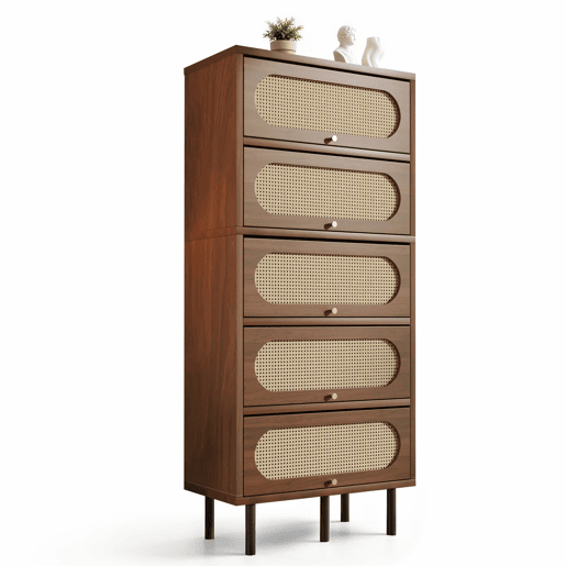 Armário alto 80 x 40 x 163 cm - 5 portas basculantes, rattan, madeira com pés de metal, grande espaço de arrumação, sala, corredor, cozinha - nogueira