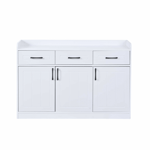 Aparador 120 x 35 x 80 cm - móvel de sala com 3 gavetas e 3 portas, prateleiras ajustáveis, puxadores, design às riscas, capacidade de 60 kg, aparador de entrada - branco
