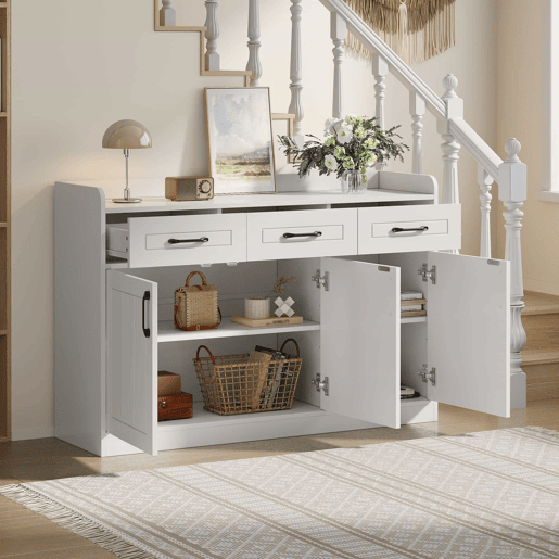 Aparador 120 x 35 x 80 cm - móvel de sala com 3 gavetas e 3 portas, prateleiras ajustáveis, puxadores, design às riscas, capacidade de 60 kg, aparador de entrada - branco