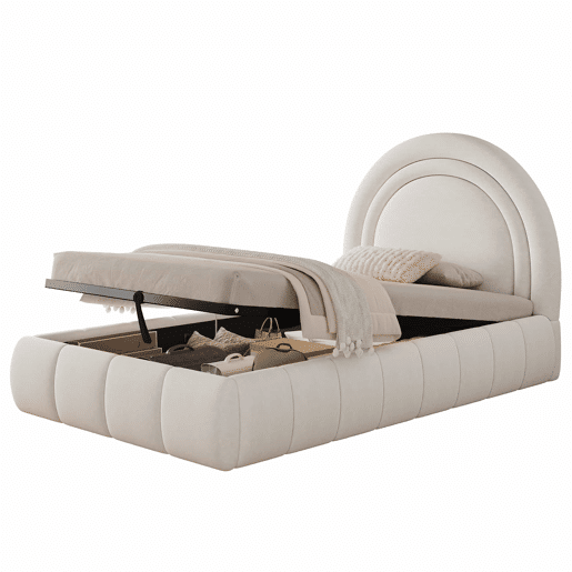 Cama infantil estofada 90x200 cm - cama com baú com abertura hidráulica, base de lâminas, cabeceira acolchoada e amplo espaço de arrumação, veludo - bege