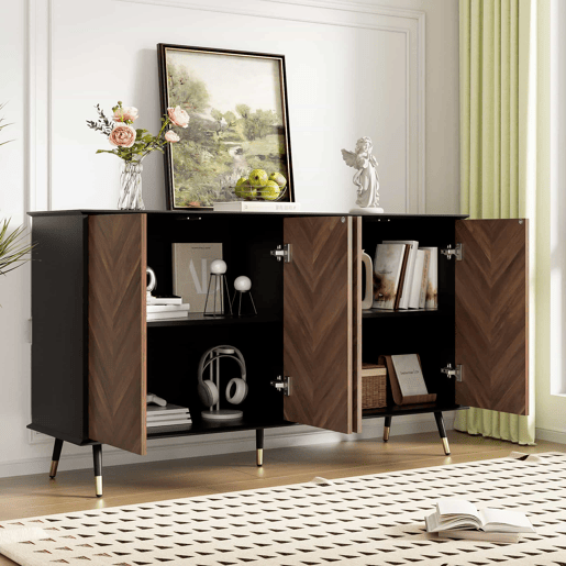 Aparador moderno em padrão espiga - 4 portas, prateleiras ajustáveis, MDF com pés de metal, grande capacidade de arrumação para a sala de estar, corredor e sala de jantar - Preto e Castanho