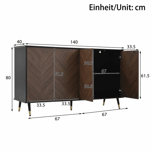 Aparador moderno em padrão espiga - 4 portas, prateleiras ajustáveis, MDF com pés de metal, grande capacidade de arrumação para a sala de estar, corredor e sala de jantar - Preto e Castanho