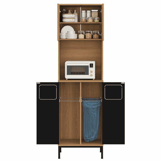 Armário de cozinha para lixo 53x35x181 cm - com compartimento para resíduos, espaço para micro-ondas, espaço para aspirador, design de armário alto com efeito de carvalho e preto - Natural