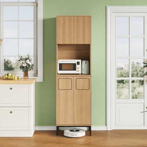 Armário de cozinha para lixo 53x35x181 cm - com compartimento para resíduos, espaço para micro-ondas, espaço para aspirador, design de armário alto com efeito de carvalho e preto - Natural