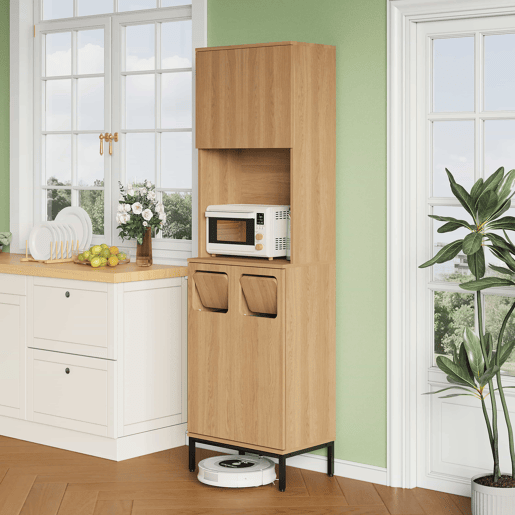Armário de cozinha para lixo 53x35x181 cm - com compartimento para resíduos, espaço para micro-ondas, espaço para aspirador, design de armário alto com efeito de carvalho e preto - Natural