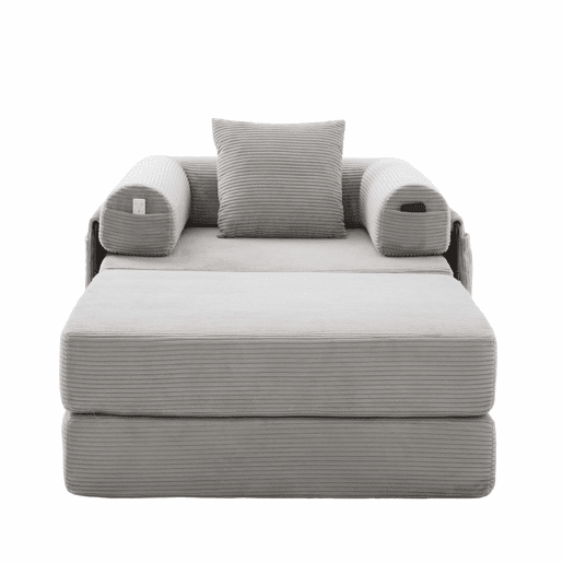 Sofá-cama individual - Ergonómico, com pufe e estrutura metálica robusta - Cinza claro
