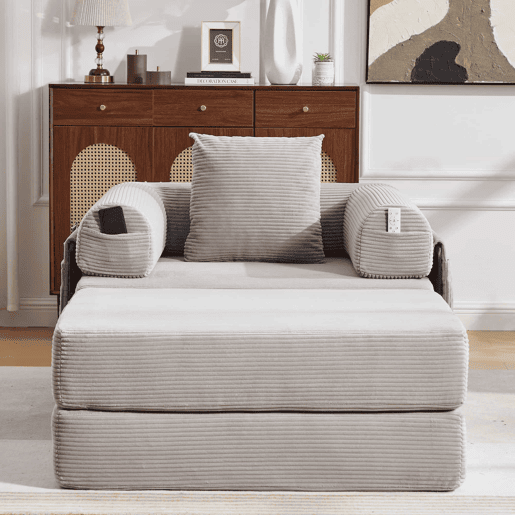 Sofá-cama individual - Ergonómico, com pufe e estrutura metálica robusta - Cinza claro
