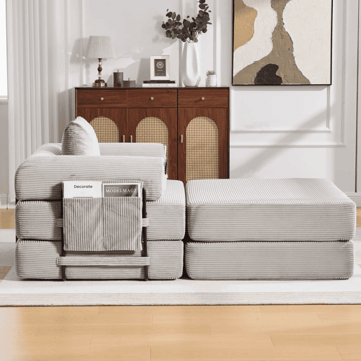 Sofá-cama individual - Ergonómico, com pufe e estrutura metálica robusta - Cinza claro