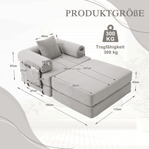 Sofá-cama individual - Ergonómico, com pufe e estrutura metálica robusta - Cinza claro