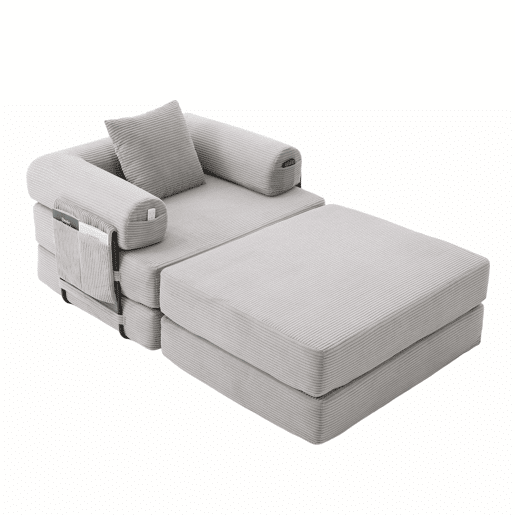 Sofá-cama individual - Ergonómico, com pufe e estrutura metálica robusta - Cinza claro