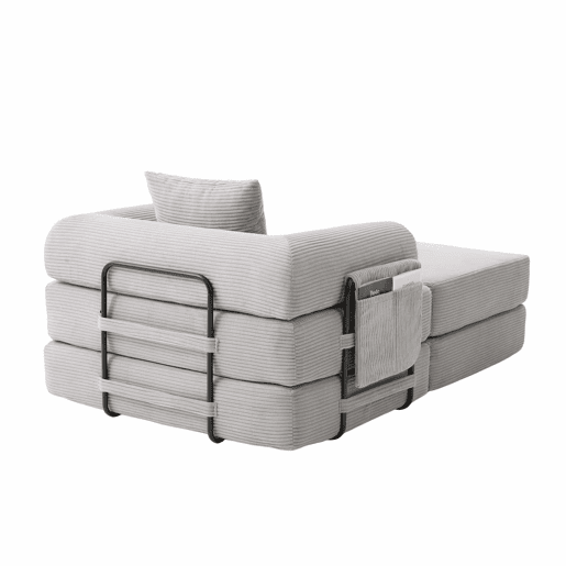 Sofá-cama individual - Ergonómico, com pufe e estrutura metálica robusta - Cinza claro