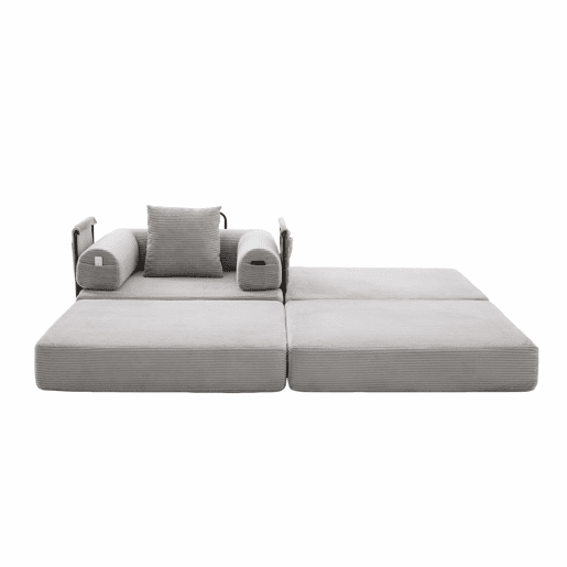 Sofá-cama individual - Ergonómico, com pufe e estrutura metálica robusta - Cinza claro