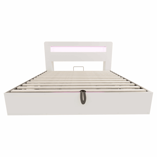 Cama de plataforma 180x200 - com arrumação, sistema hidráulico, cabeceira com LED e tomadas integradas - branca