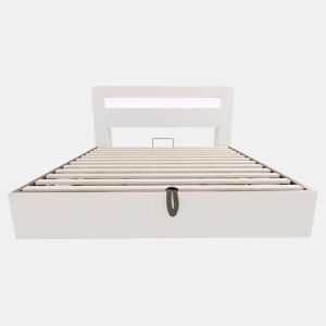 Cama de plataforma 180x200 - com arrumação, sistema hidráulico, cabeceira com LED e tomadas integradas - branca