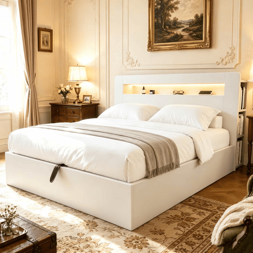 Cama de plataforma 180x200 - com arrumação, sistema hidráulico, cabeceira com LED e tomadas integradas - branca