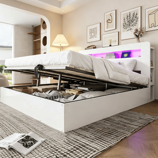Cama de plataforma 180x200 - com arrumação, sistema hidráulico, cabeceira com LED e tomadas integradas - branca