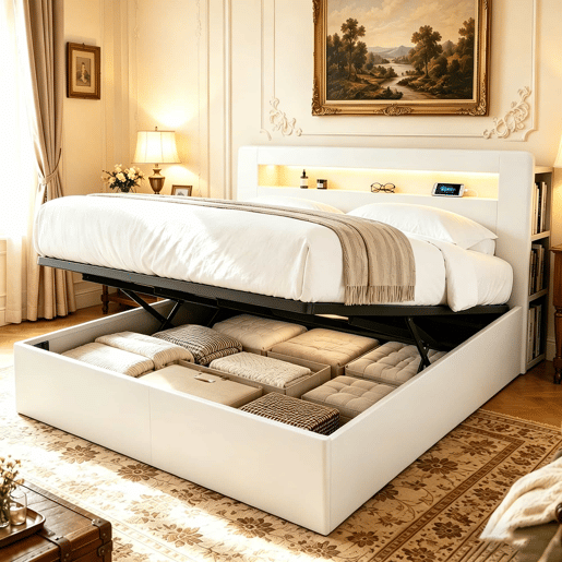 Cama de plataforma 180x200 - com arrumação, sistema hidráulico, cabeceira com LED e tomadas integradas - branca