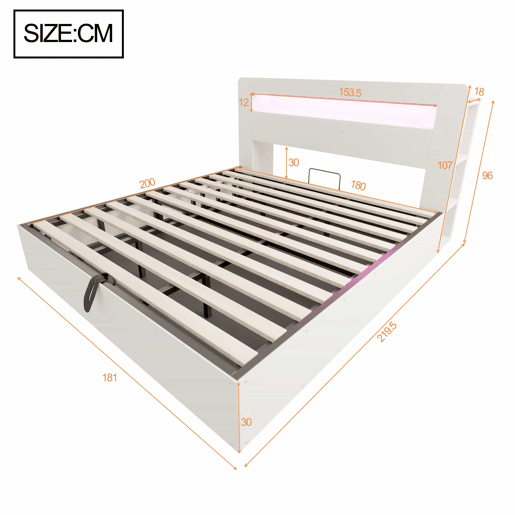 Cama de plataforma 180x200 - com arrumação, sistema hidráulico, cabeceira com LED e tomadas integradas - branca