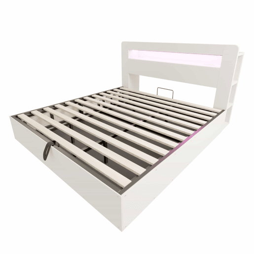 Cama de plataforma 180x200 - com arrumação, sistema hidráulico, cabeceira com LED e tomadas integradas - branca